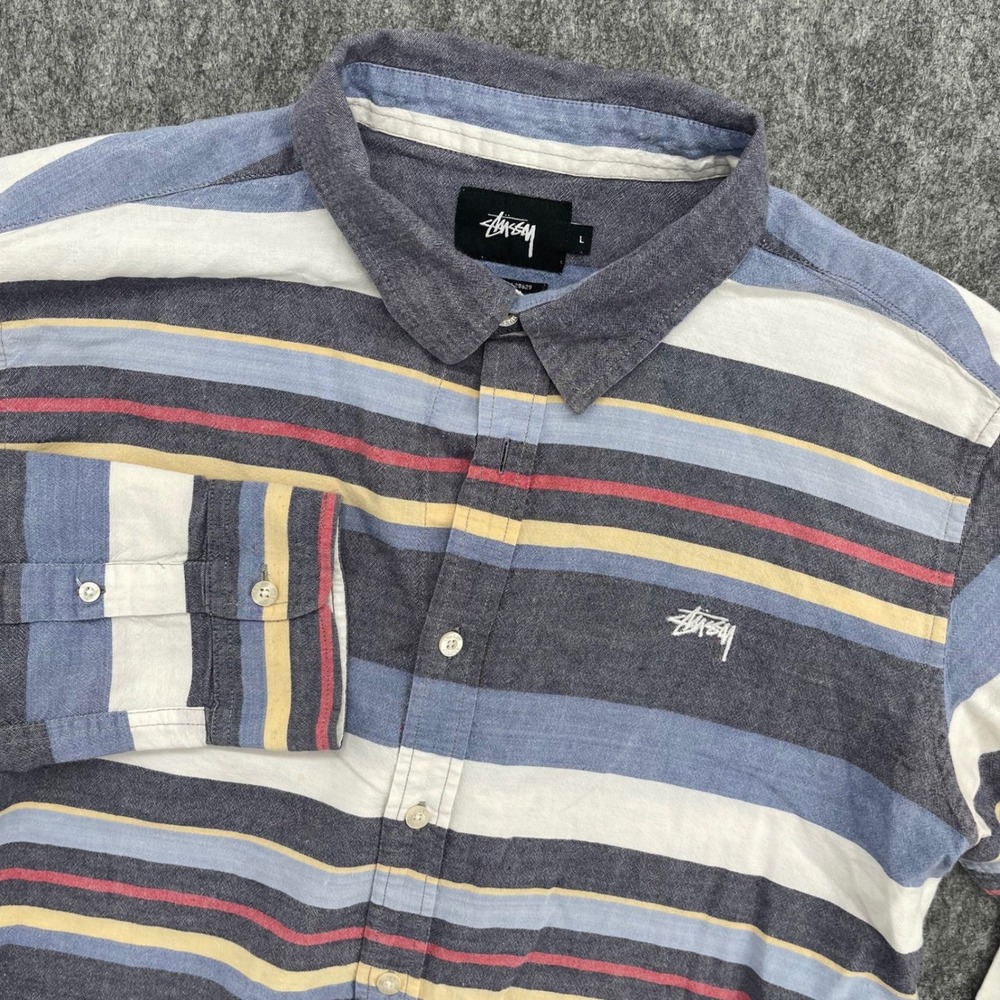 Stussy Shirt Mens Large Multi Color Striped Long Sleeve Button Down Y2K